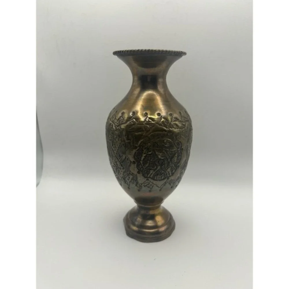Antique Copper Vase Engraved Persian‎ Middle East 8 Inch